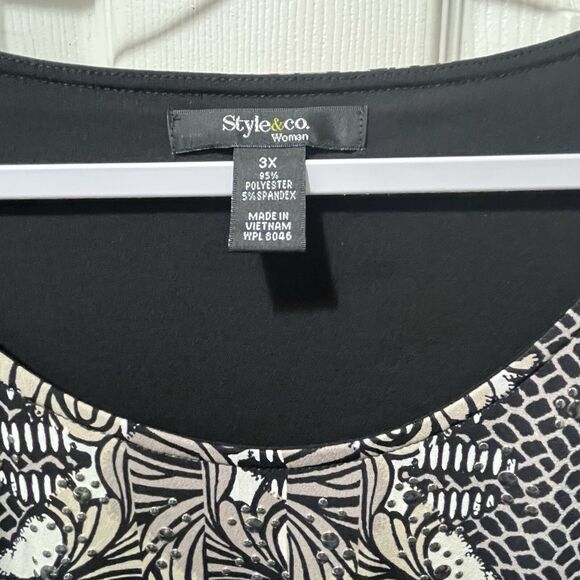 Macy's Style & Co. Woman Mixed Pattern Long Sleeve High Low Black Blouse 3X, NWT - Picture 3 of 7